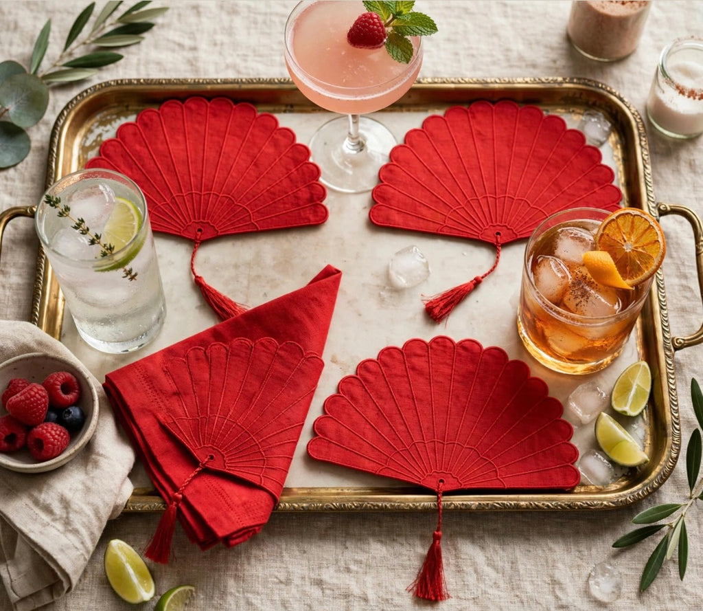 Fan Cocktail napkins Embroidered Scalloped Edge Coasters