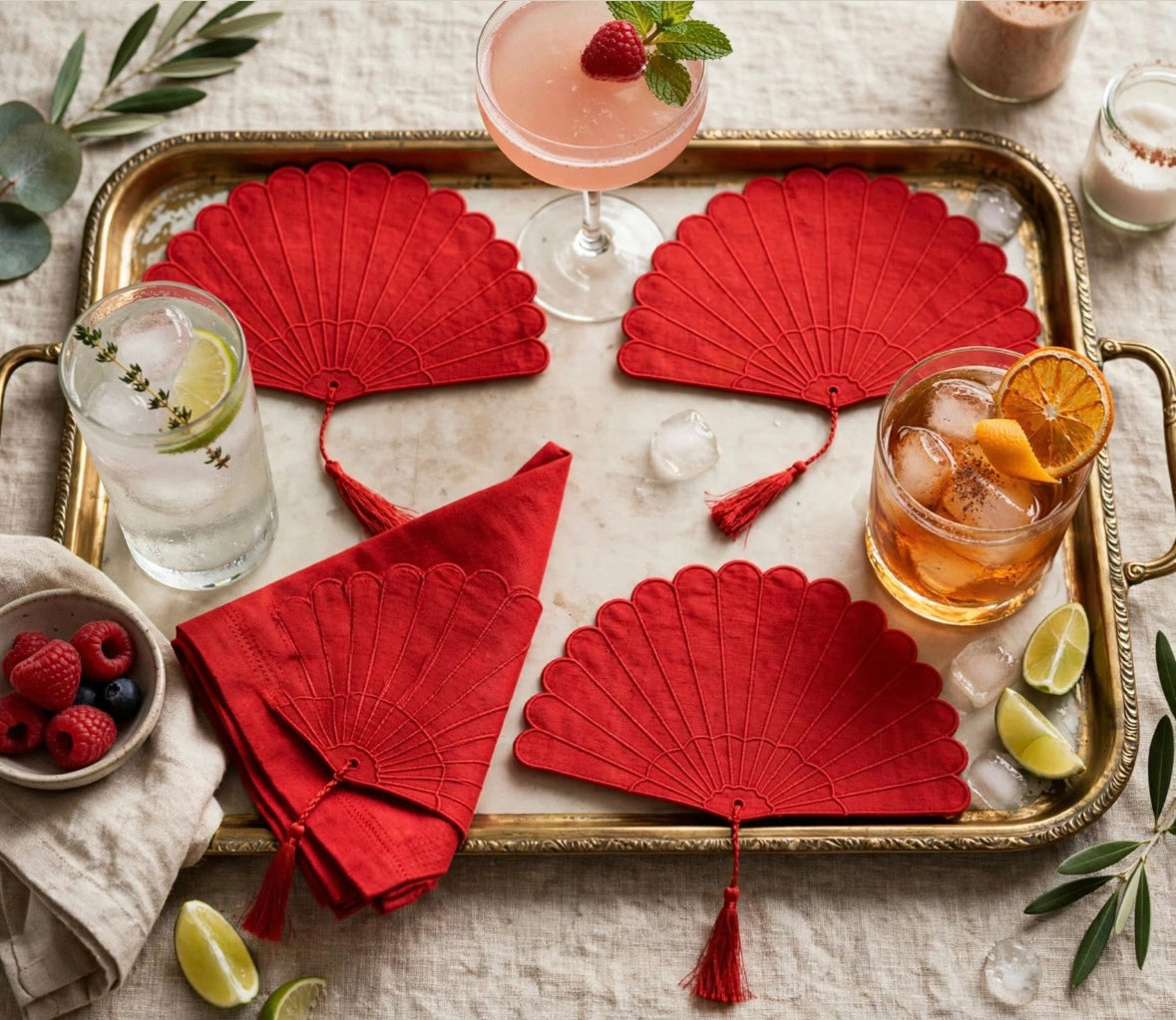 Fan Cocktail napkins Embroidered Scalloped Edge Coasters