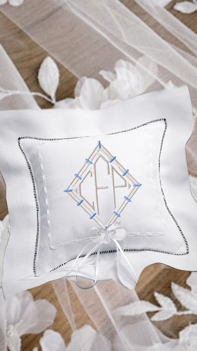 Ring Bearer personalized linen hemstitched white pillow embroidered Monogrammed Ring Bearer Pillow embroidered initials bridal decor Wedding