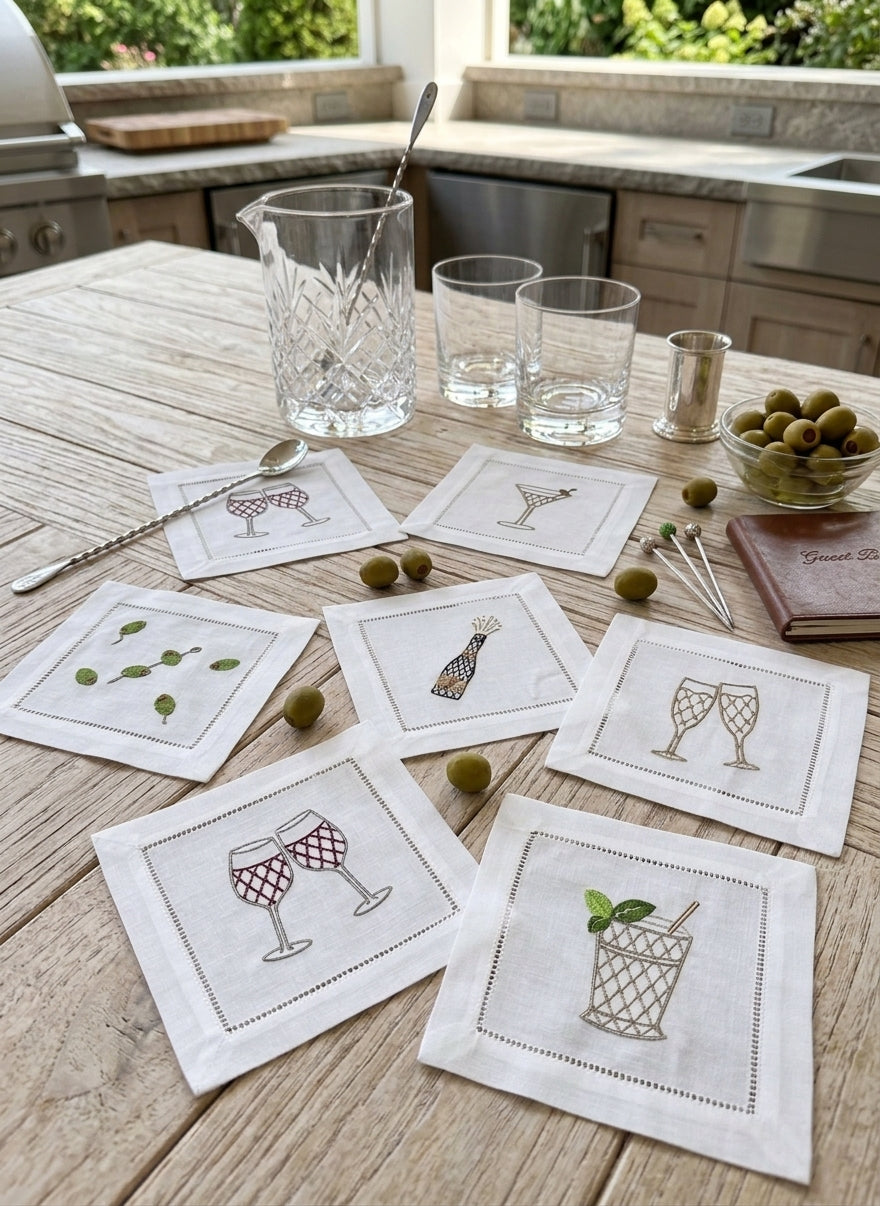 Embroidered Linen Cocktail Napkins Cocktails designs  Aperitivo Drink Coasters