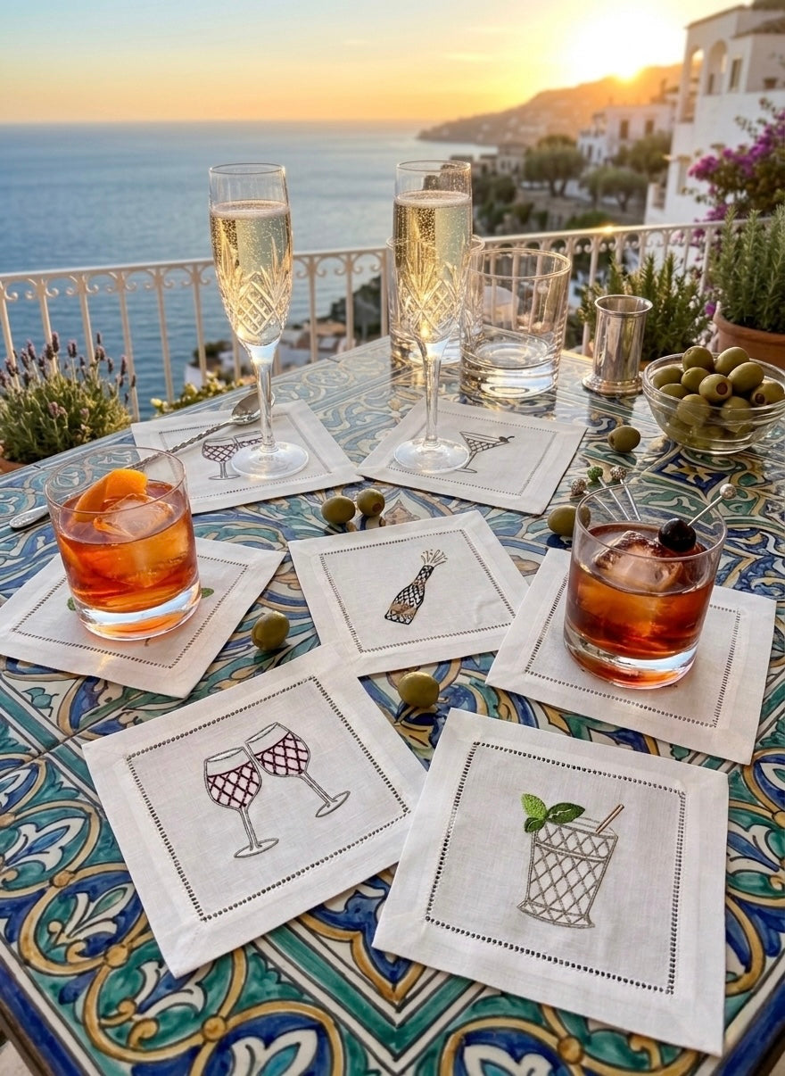 Embroidered Linen Cocktail Napkins Cocktails designs  Aperitivo Drink Coasters