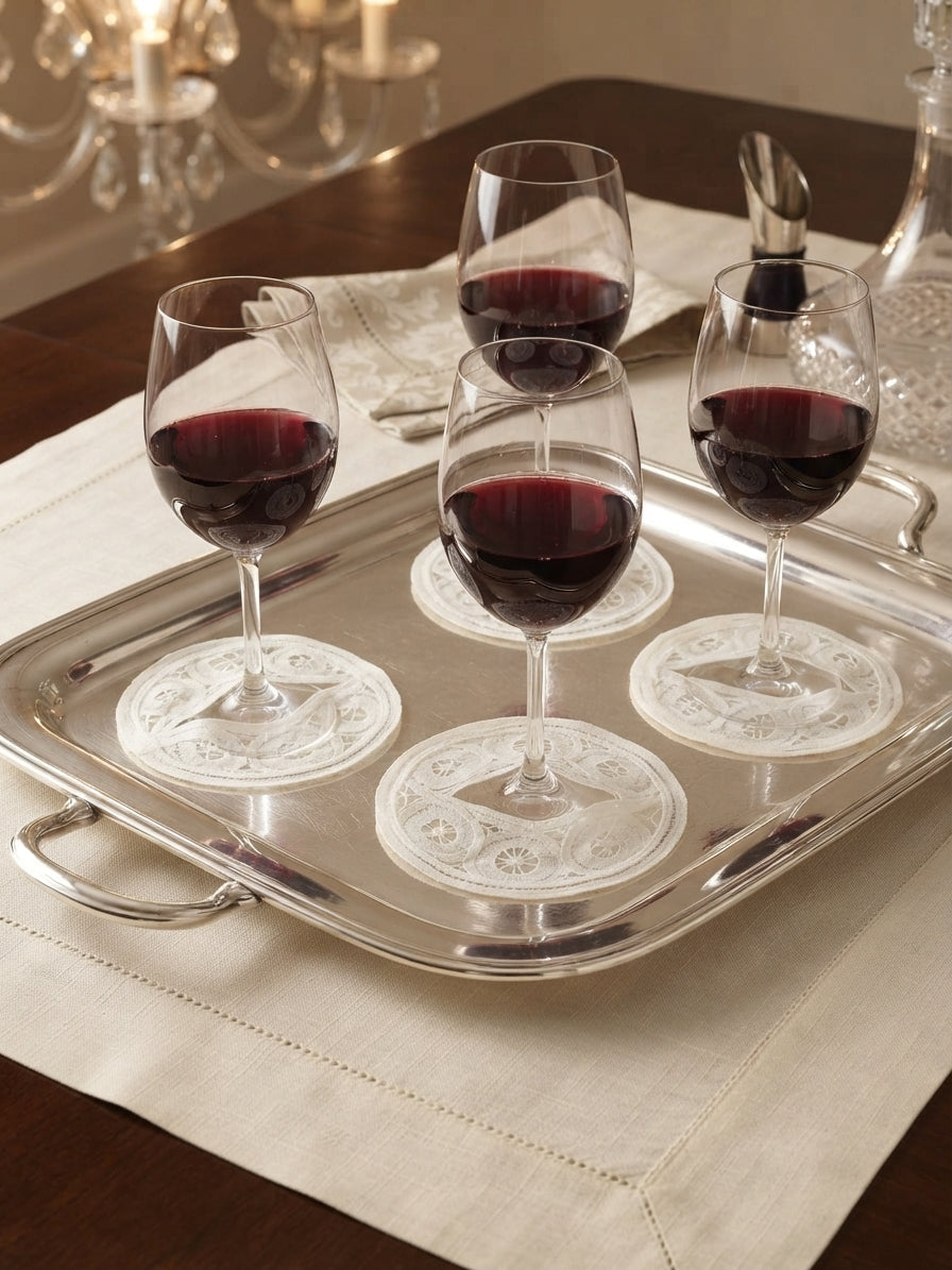 Battenberg Belgian Lace Cocktail Coasters Elegant Wine Glass slip on Stem slippers spats Cocktail brodées Serviette en lin Aperitivo