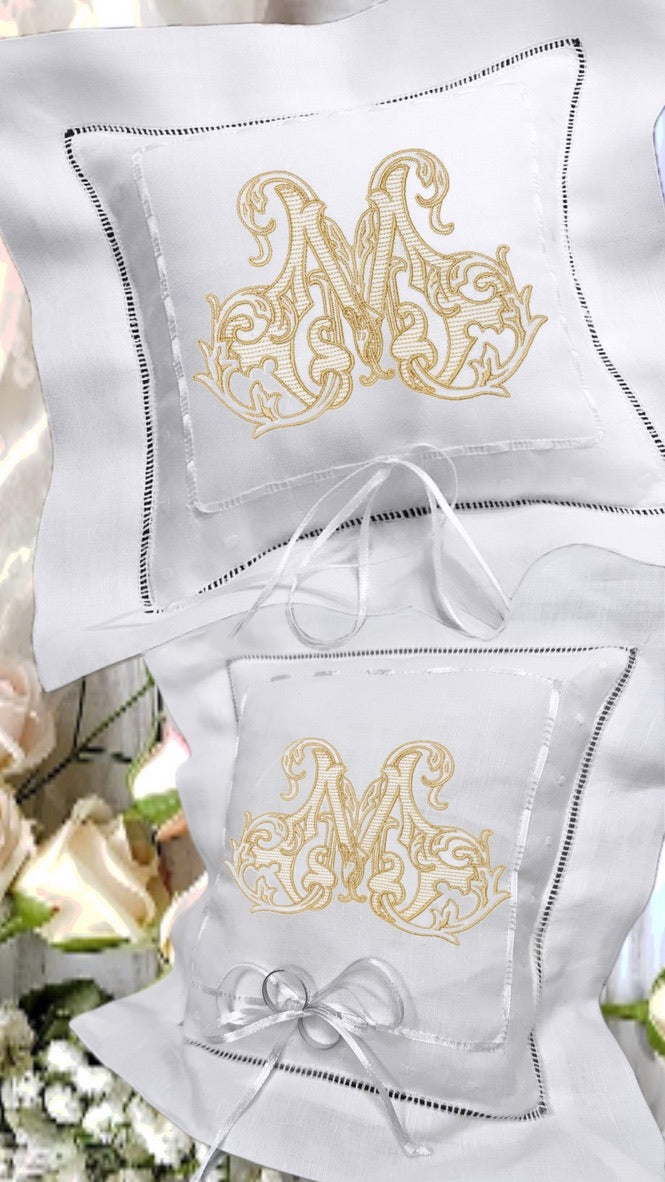Ring Bearer personalized linen hemstitched white pillow embroidered Monogrammed Ring Bearer Pillow embroidered initials bridal decor Wedding