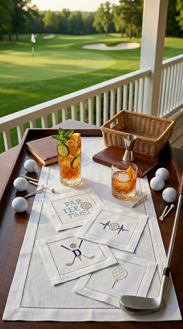 Sports themed Embroidered Cocktail Napkins/Cocktail brodées Serviette en lin/Aperitivo coasters