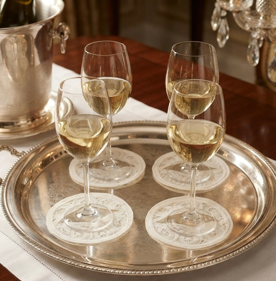 Battenberg Belgian Lace Cocktail Coasters Elegant Wine Glass slip on Stem slippers spats Cocktail brodées Serviette en lin Aperitivo
