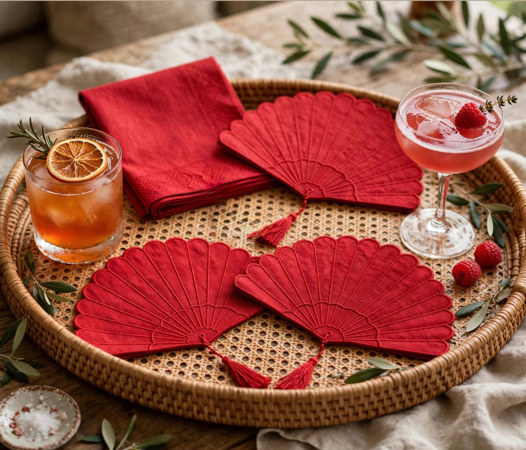 Fan Cocktail napkins Embroidered Scalloped Edge Coasters