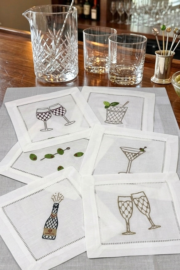 Embroidered Linen Cocktail Napkins Cocktails designs  Aperitivo Drink Coasters