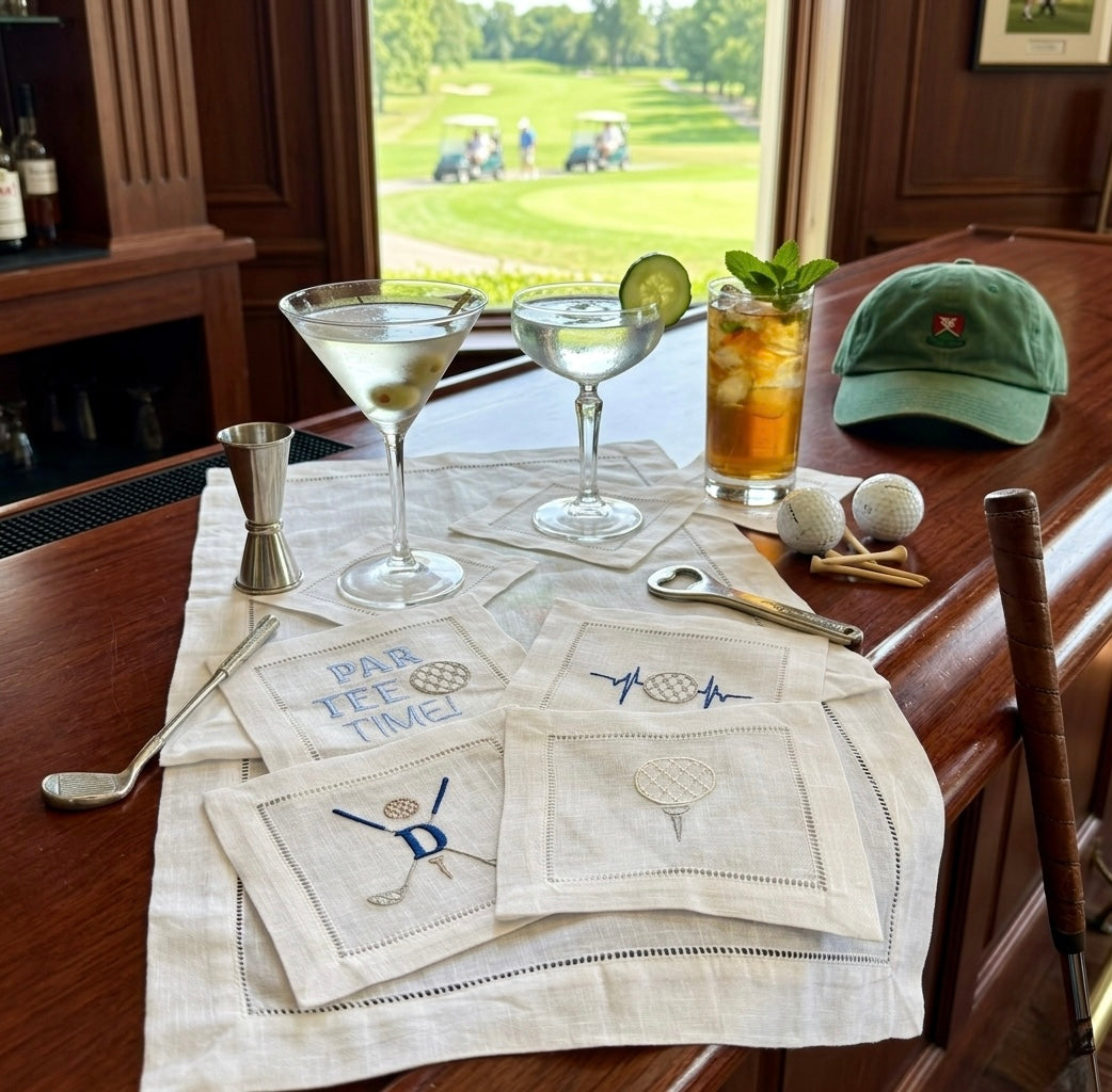 Sports themed Embroidered Cocktail Napkins/Cocktail brodées Serviette en lin/Aperitivo coasters