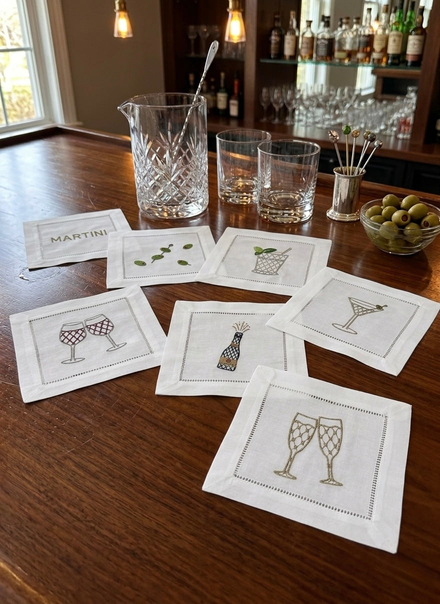 Embroidered Linen Cocktail Napkins Cocktails designs  Aperitivo Drink Coasters
