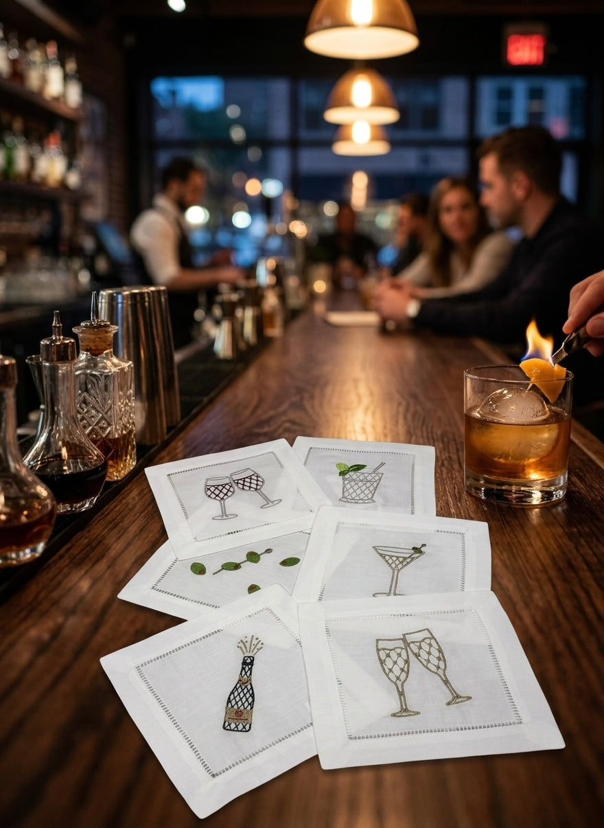 Embroidered Linen Cocktail Napkins Cocktails designs  Aperitivo Drink Coasters