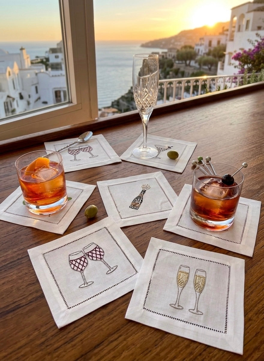 Embroidered Linen Cocktail Napkins Cocktails designs  Aperitivo Drink Coasters