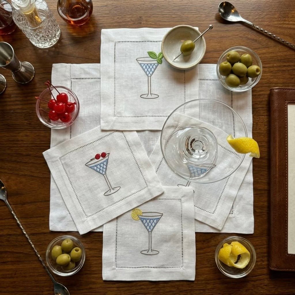 Embroidered Linen Cocktail Napkins Cocktails designs  Aperitivo Drink Coasters