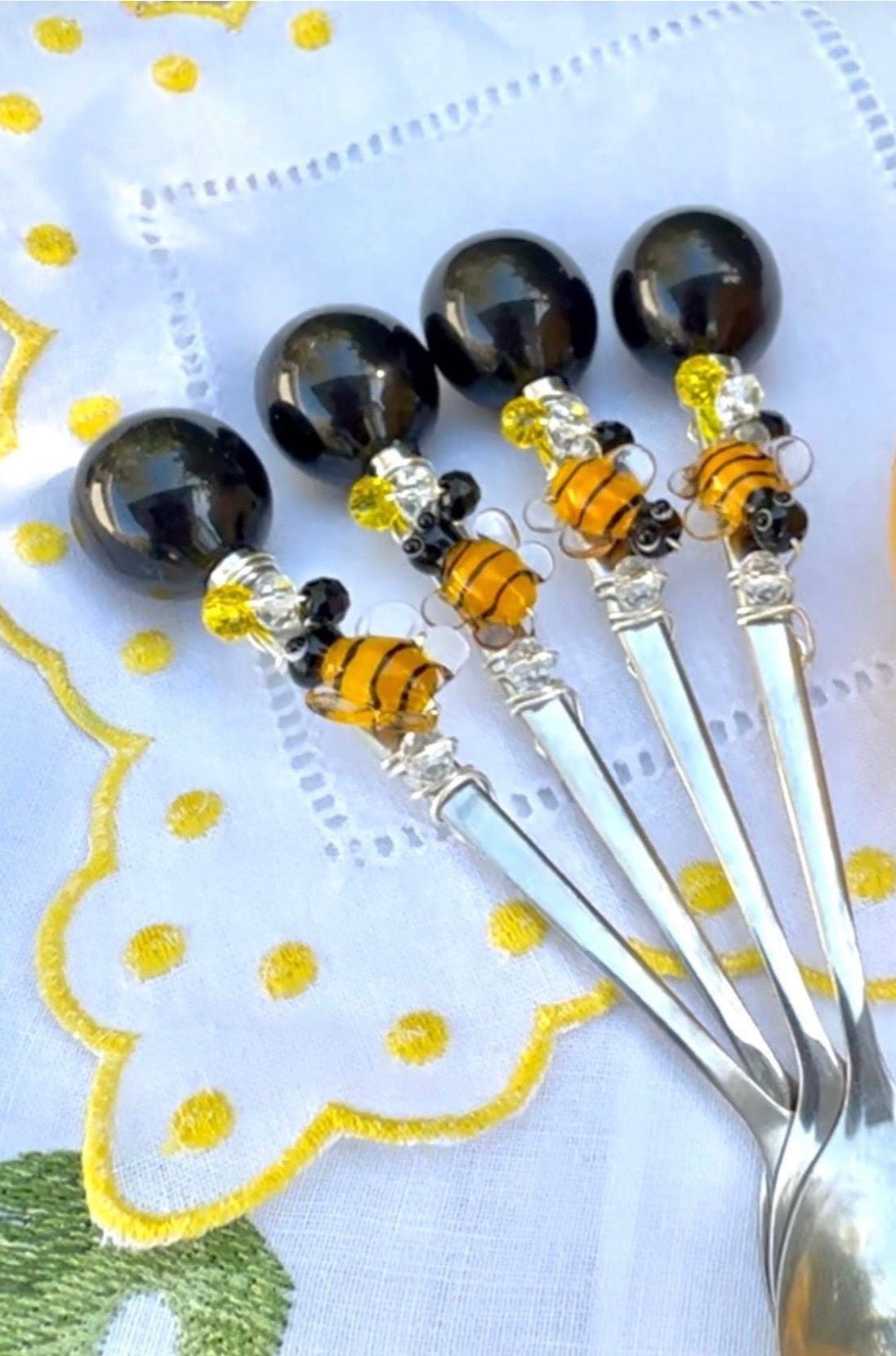 Bee Glass Beaded Teaspoon Wire Wrapped Handmade Sugar Spoon