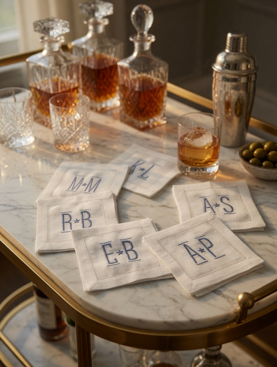 Linen hemstitched Cocktail Napkins Monogram Cocktail Napkin Embroidered Cocktail Napkin/Cocktail brodées Serviette en lin/Aperitivo coasters