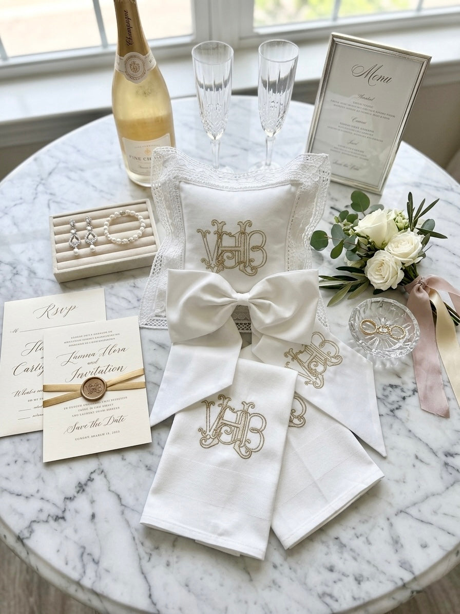 Monogrammed Linen Ring Bearer Pillow, Personalized White Lace Wedding Decor