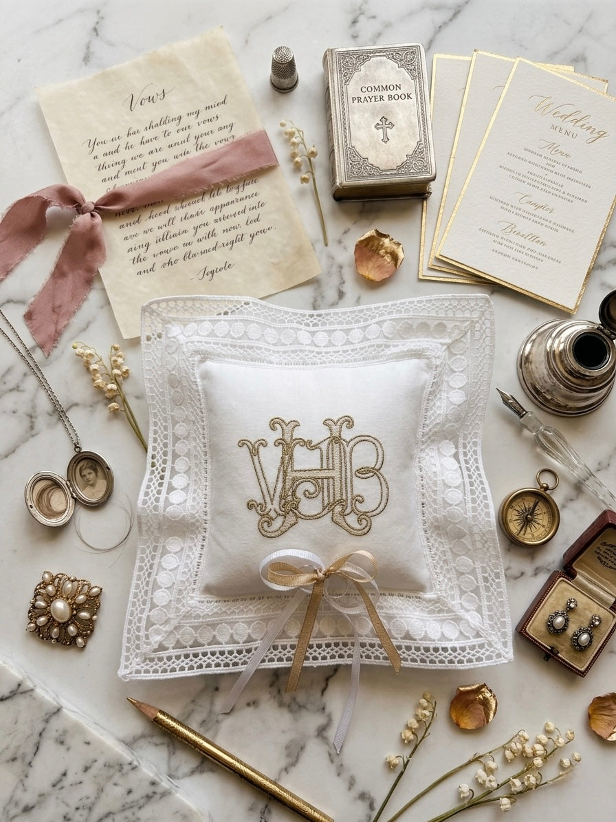 Monogrammed Linen Ring Bearer Pillow, Personalized White Lace Wedding Decor