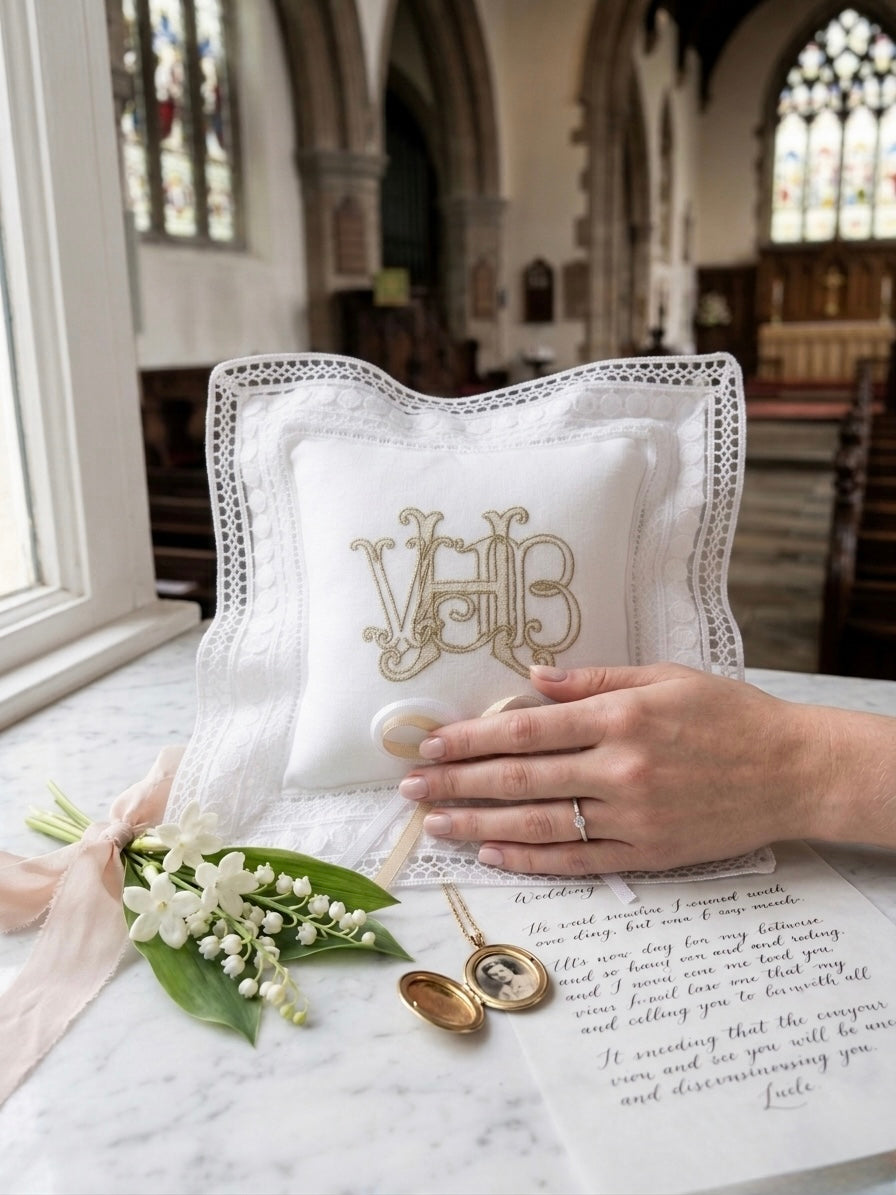 Monogrammed Linen Ring Bearer Pillow, Personalized White Lace Wedding Decor