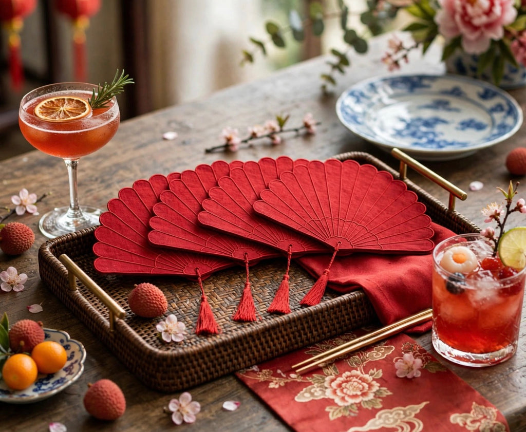 Fan Cocktail napkins Embroidered Scalloped Edge Coasters