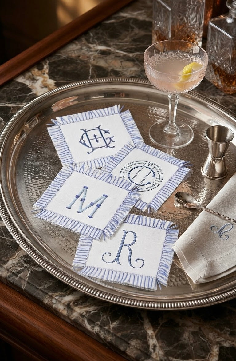 Fringe Monogrammed linen Cocktail Napkins Coasters
