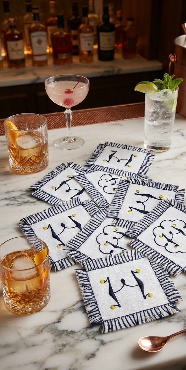 Fringe Monogrammed linen Cocktail Napkins Coasters