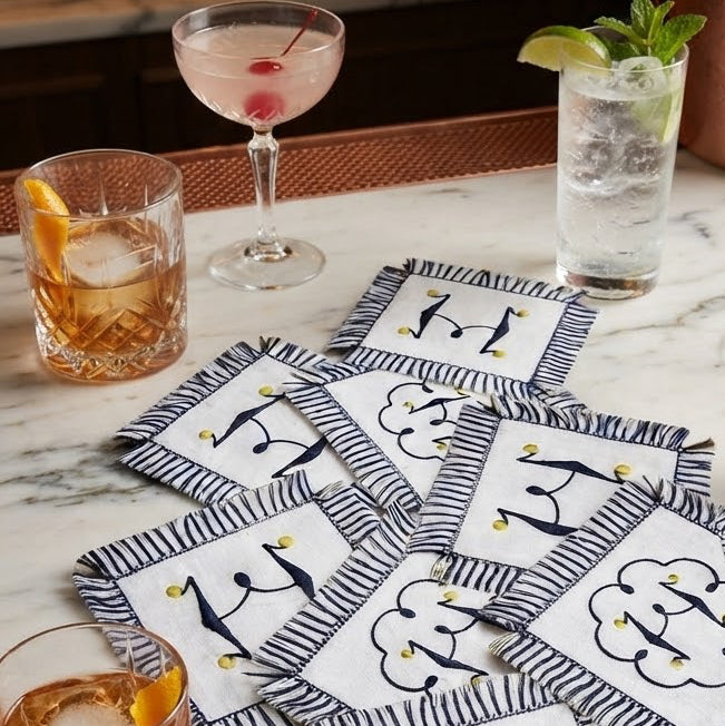 Fringe Monogrammed linen Cocktail Napkins Coasters