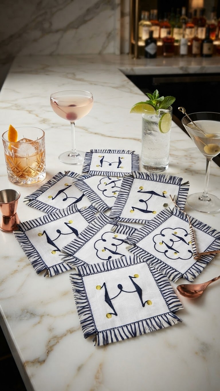 Fringe Monogrammed linen Cocktail Napkins Coasters
