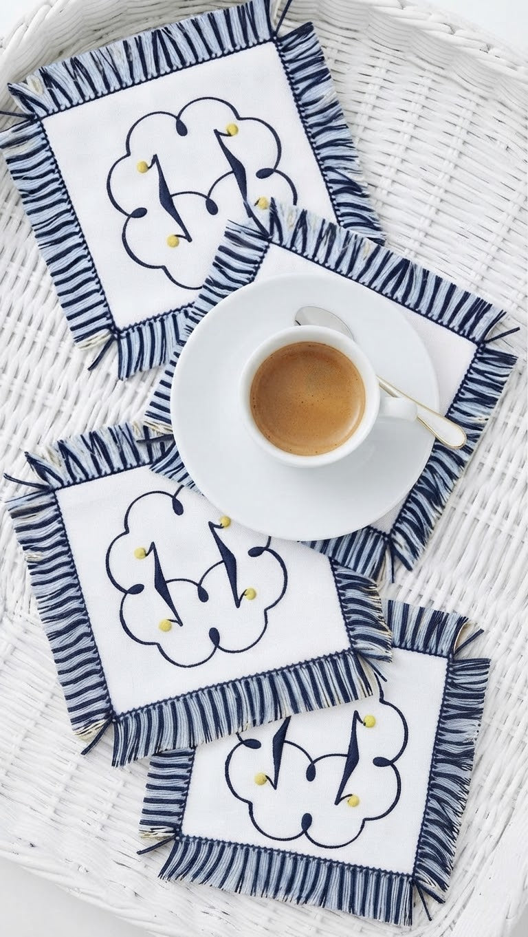 Fringe Monogrammed linen Cocktail Napkins Coasters