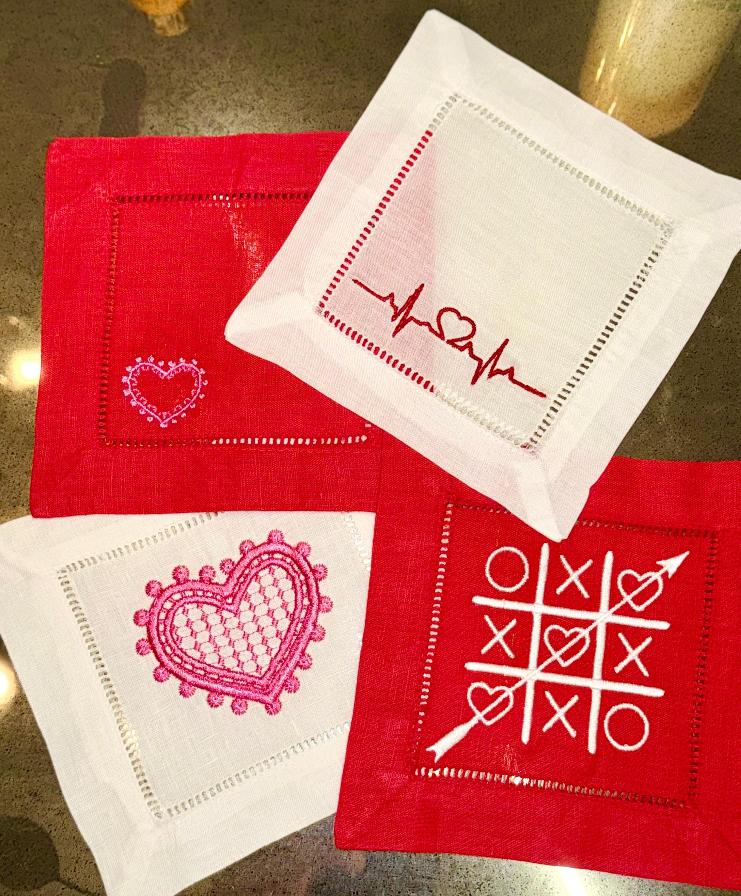 Valentine's Cocktail Napkins, Heart embroidered Cocktail Napkins, love coasters dinner napkins Valentine's Day Heart Napkins