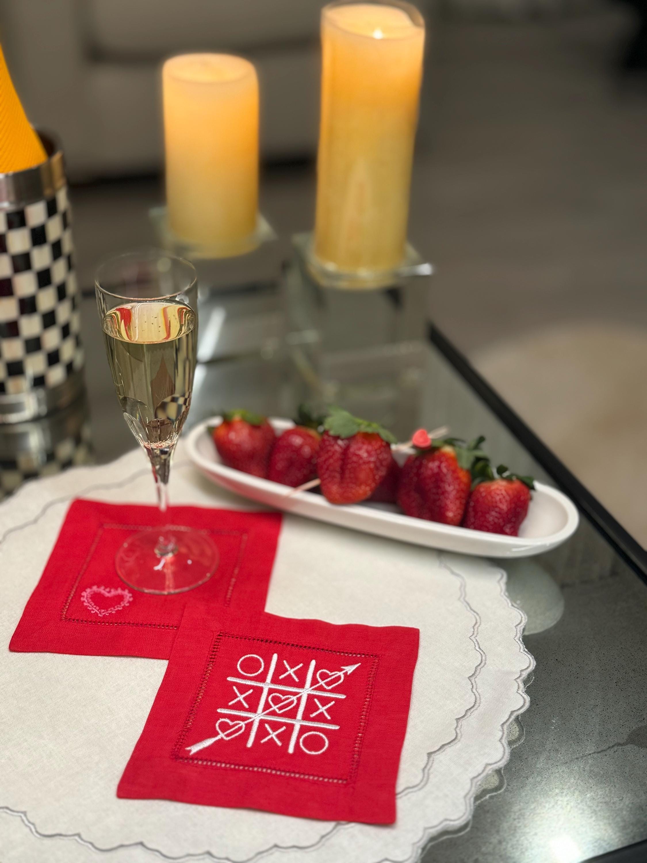 Valentine's Cocktail Napkins, Heart embroidered Cocktail Napkins, love coasters dinner napkins Valentine's Day Heart Napkins