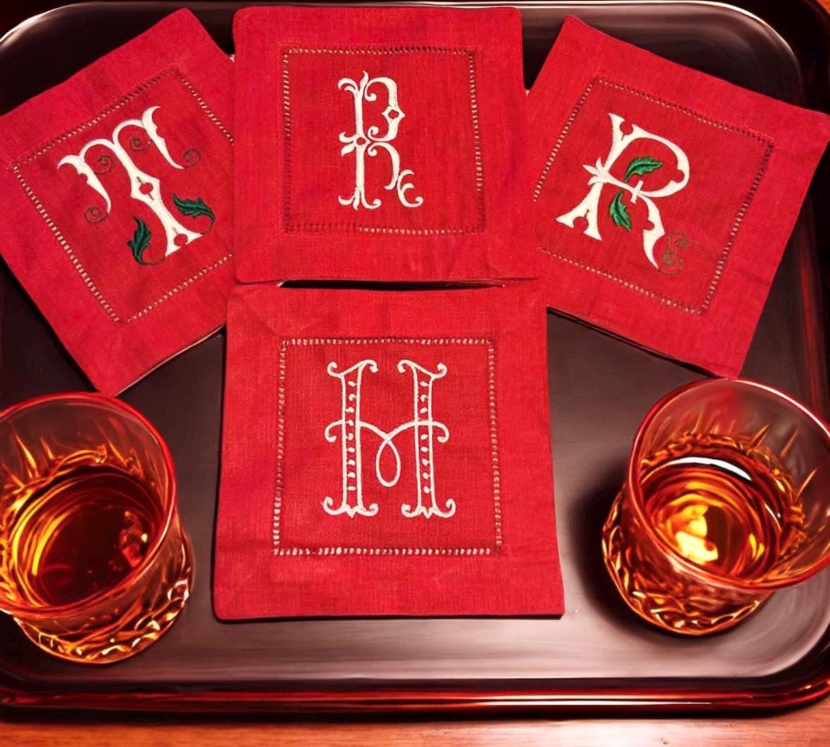 Christmas embroidered cocktail Napkins Linen hemstitched Monogram mistletoe holiday cocktail Napkins brodées Aperitivo hostess gift coasters