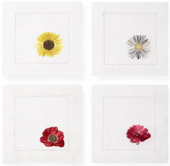 Monogrammed linen Cocktail Napkins Coasters housewarming Embroidered flowers host gift brodées Serviette en lin Aperitivo coasters