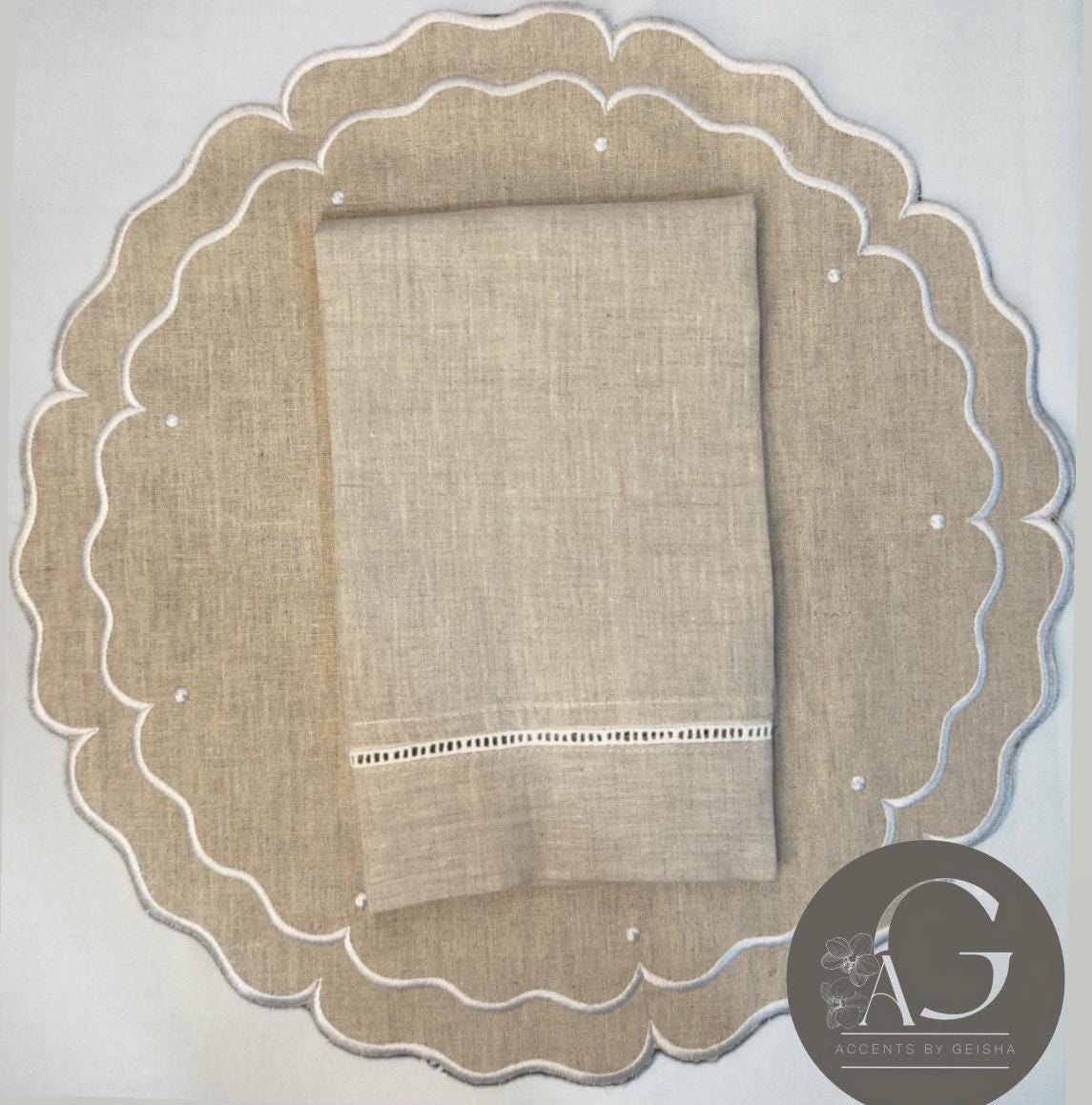 Linen Embroidered Placemats round linen placemat Embroidered Swiss dots linen Placemats