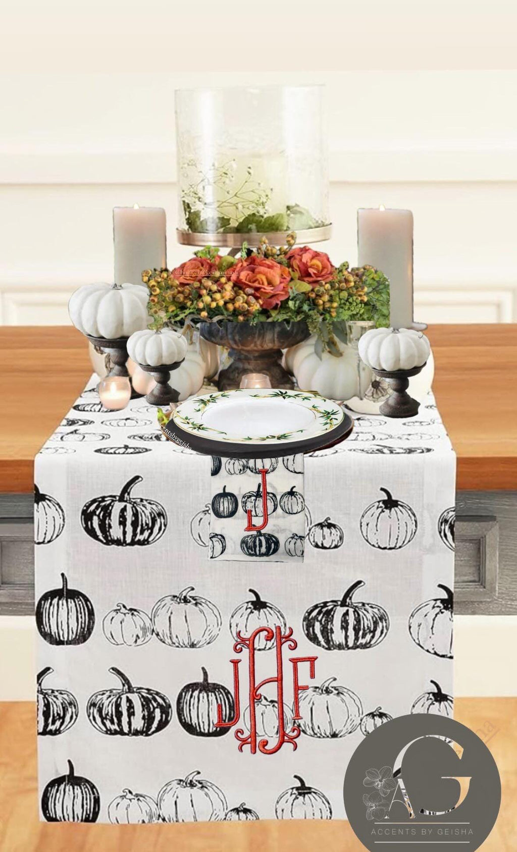 Pumpkin Patch Linen Table Runner: Embroidered Fall Decor