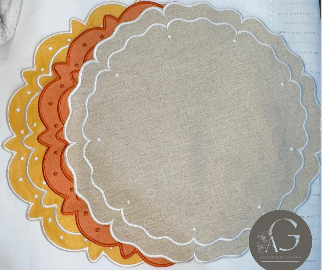Linen Embroidered Placemats round linen placemat Embroidered Swiss dots linen Placemats