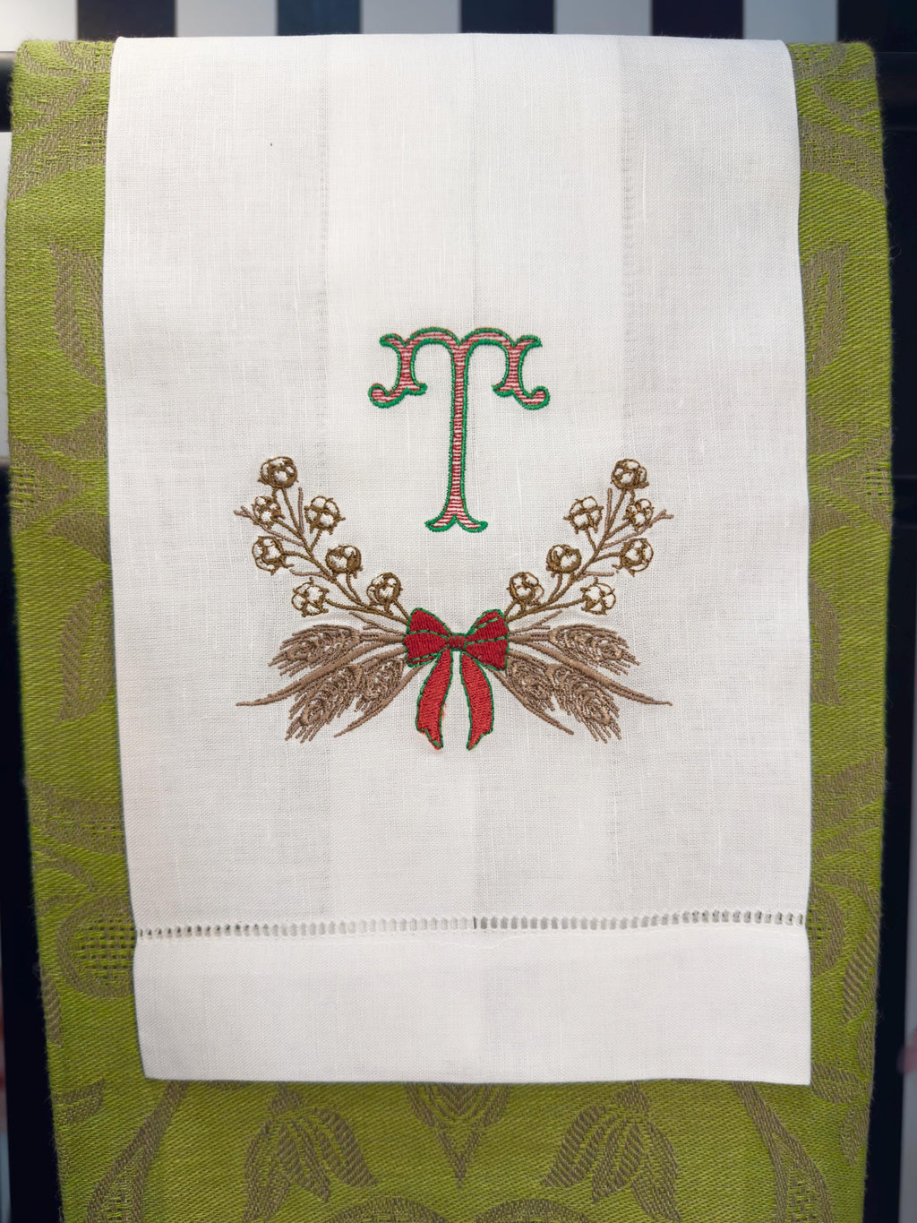 Christmas embroidered Cotton Ball branch and wheat Wreath towel Personalized wheat wreath embroidered guest bathroom towel Christmas decor