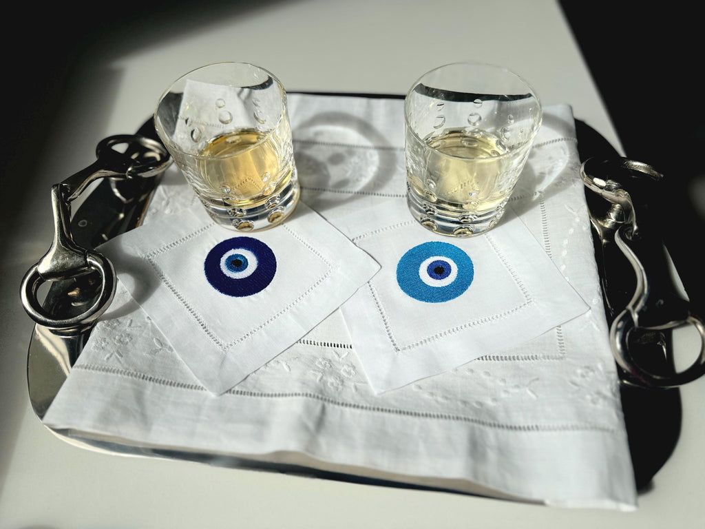 Evil Eye Amulet  Linen hemstitched Cocktail Napkins Nazar Evil Eye coasters Embroidered Cocktail Napkins brodées Serviette en lin Aperitivo