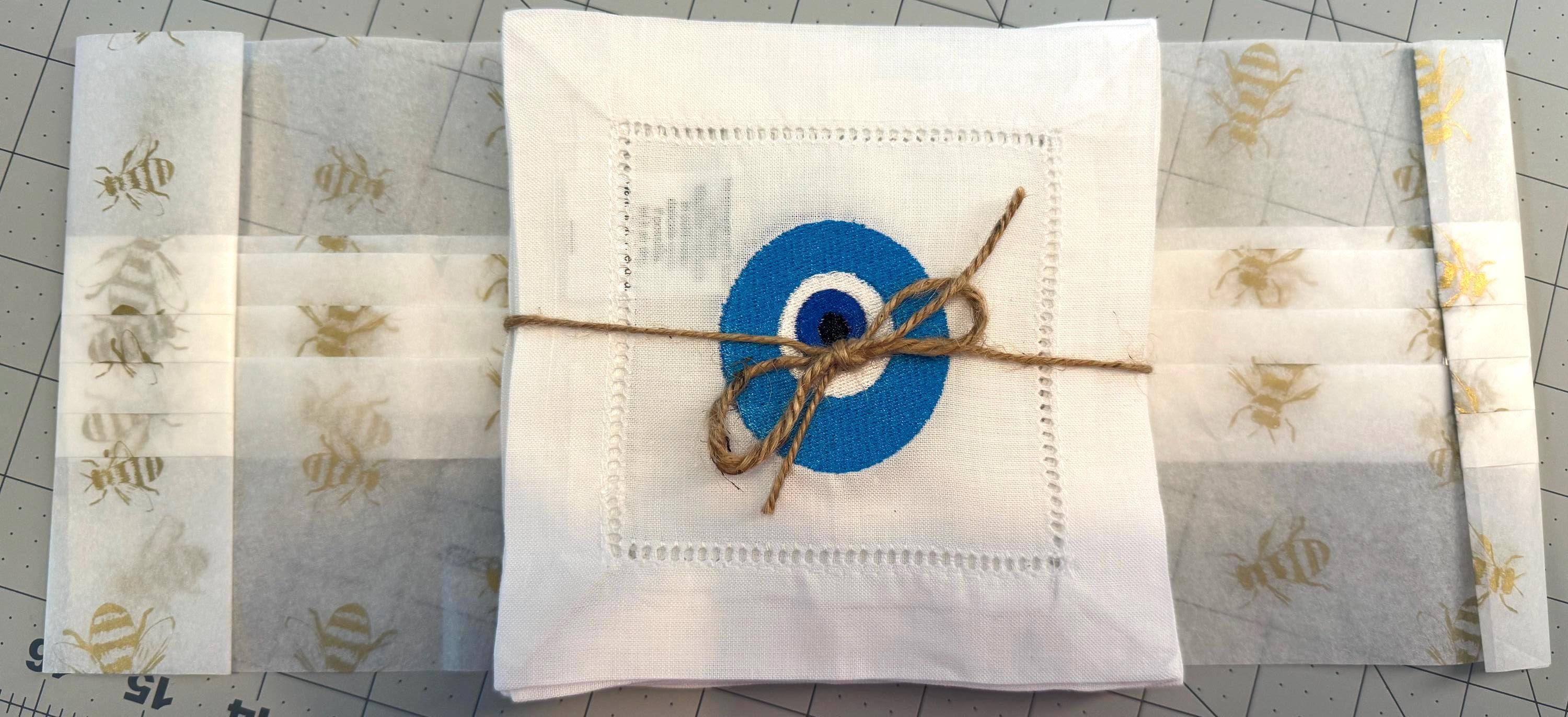 Evil Eye Amulet  Linen hemstitched Cocktail Napkins Nazar Evil Eye coasters Embroidered Cocktail Napkins brodées Serviette en lin Aperitivo