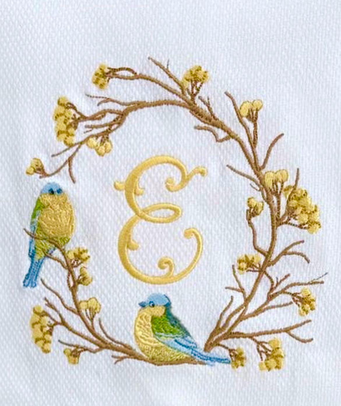 Bird on branch wreath embroidered towel Personalized monogrammed finger towel embroidered bird on branch bathroom decor unique gifts