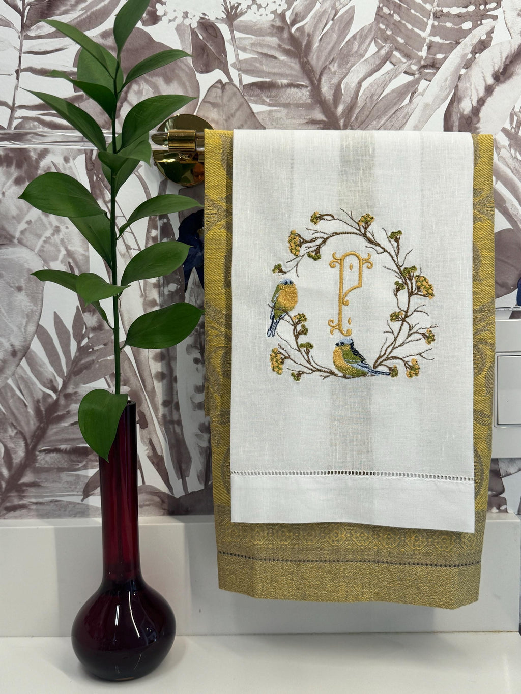 Bird on branch wreath embroidered towel Personalized monogrammed finger towel embroidered bird on branch bathroom decor unique gifts