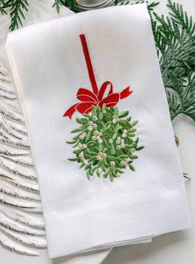 Christmas embroidered linen guest towel Personalized holiday mistletoe bathroom decor festive embroidery designs hand towels guest bathroom
