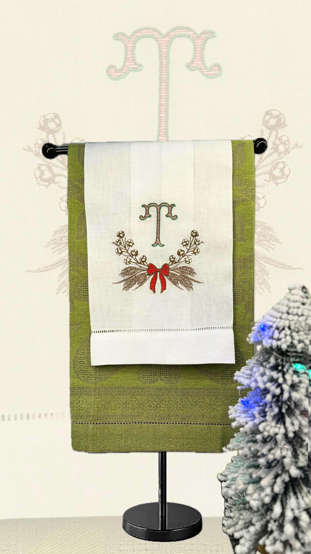 Christmas embroidered Cotton Ball branch and wheat Wreath towel Personalized wheat wreath embroidered guest bathroom towel Christmas decor