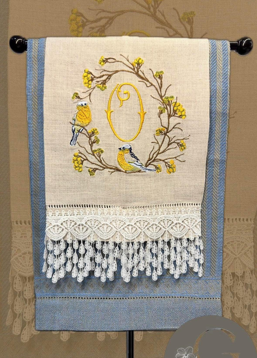 Bird on branch wreath embroidered towel Personalized monogrammed finger towel embroidered bird on branch bathroom decor unique gifts