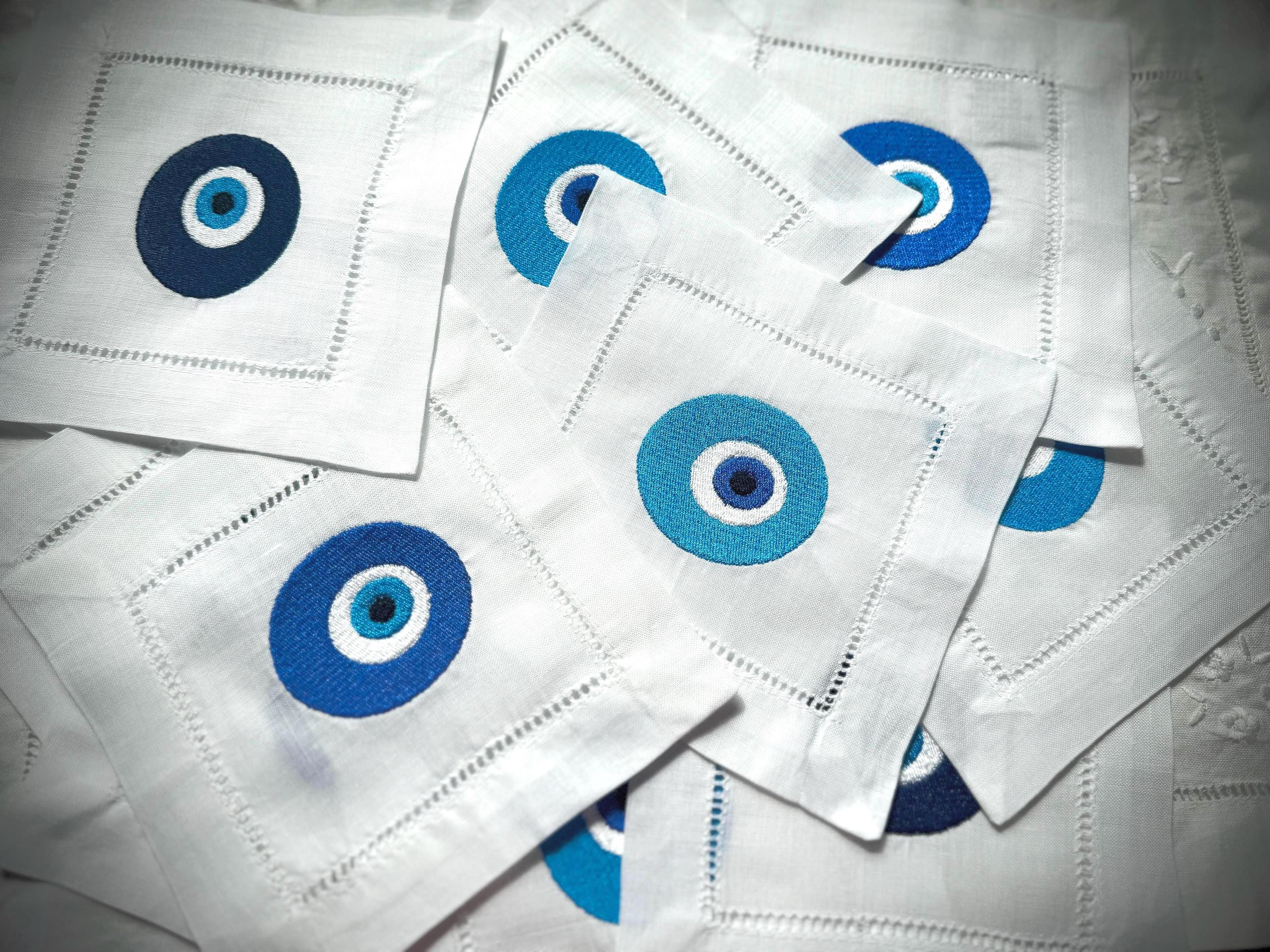 Evil Eye Amulet  Linen hemstitched Cocktail Napkins Nazar Evil Eye coasters Embroidered Cocktail Napkins brodées Serviette en lin Aperitivo