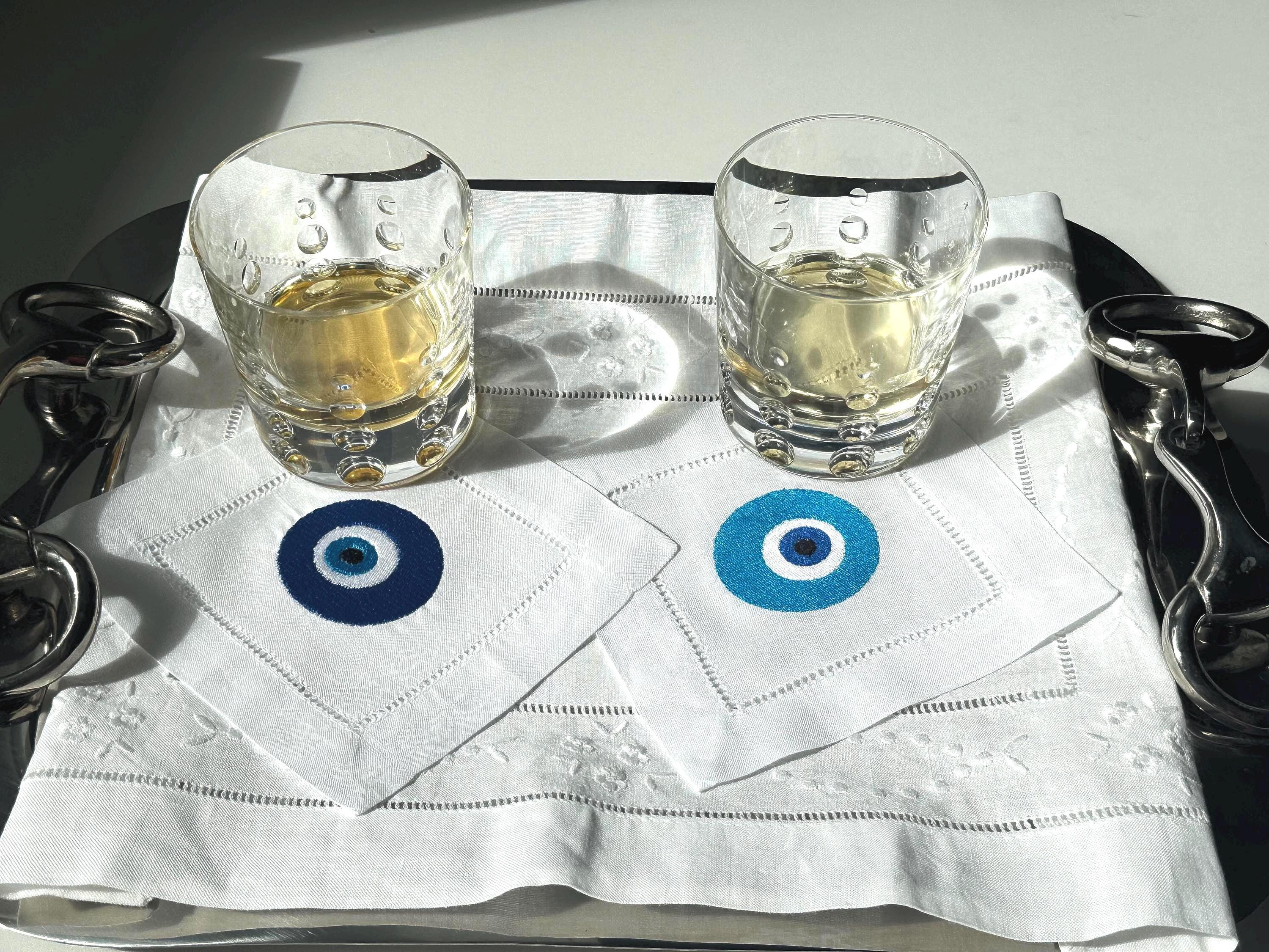 Evil Eye Amulet  Linen hemstitched Cocktail Napkins Nazar Evil Eye coasters Embroidered Cocktail Napkins brodées Serviette en lin Aperitivo