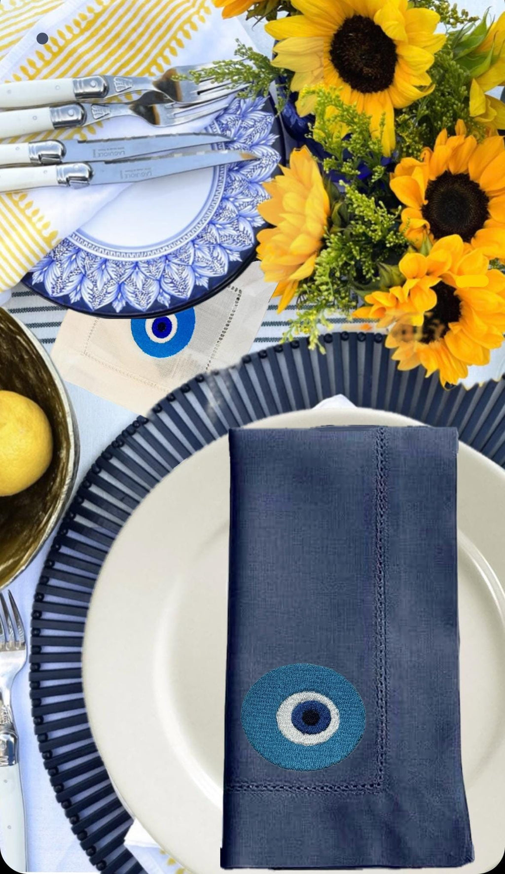 Evil eye Amulet linen napkin Talisman Embroidered Nazar Evil Eye dinner napkins Table setting good luck Napkins brodées Serviette en lin