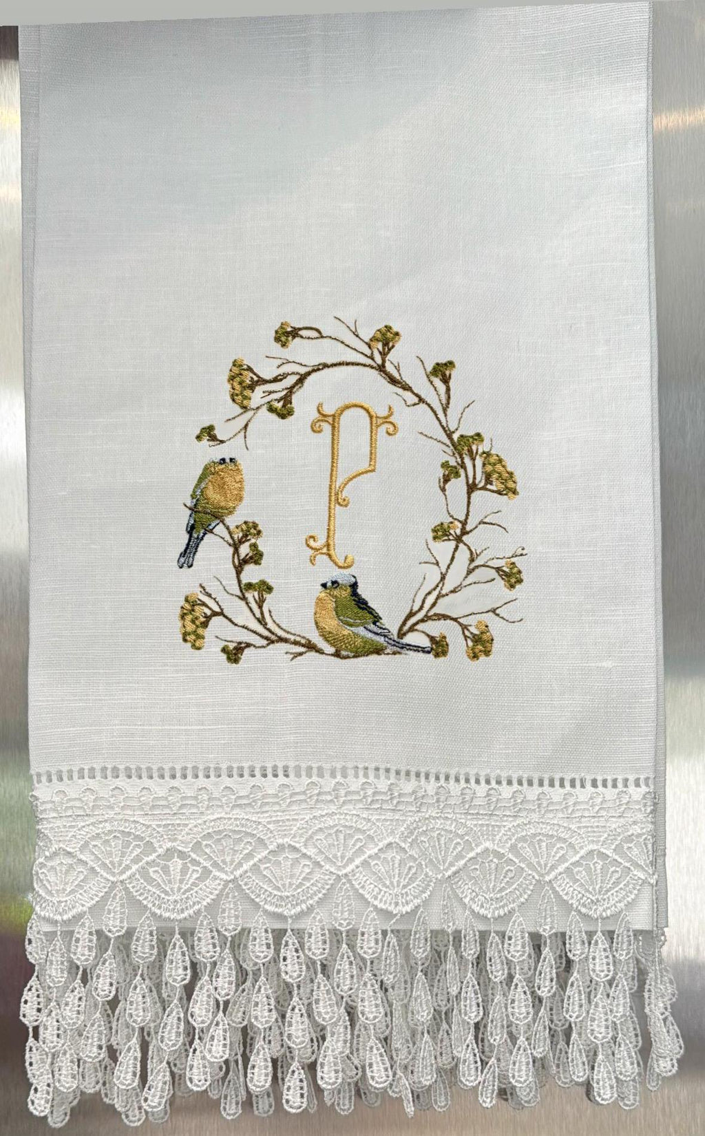 Bird on branch wreath embroidered towel Personalized monogrammed finger towel embroidered bird on branch bathroom decor unique gifts