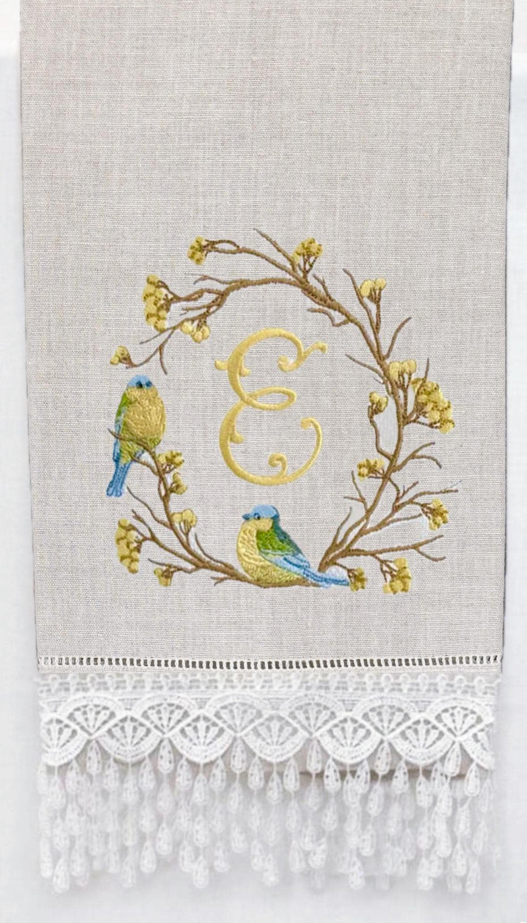 Bird on branch wreath embroidered towel Personalized monogrammed finger towel embroidered bird on branch bathroom decor unique gifts