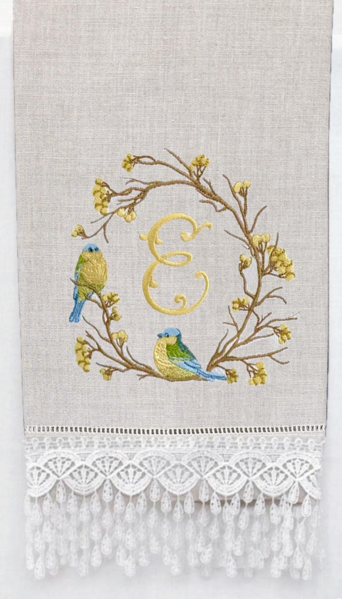 Bird on branch wreath embroidered towel Personalized monogrammed finger towel embroidered bird on branch bathroom decor unique gifts