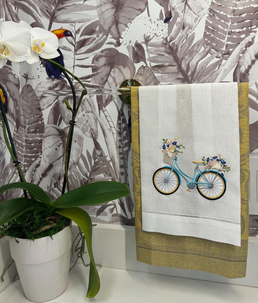Bicycle & floral basket embroidered towel Personalized towel embroidered girls bike and flower basket towel bathroom decor unique gifts