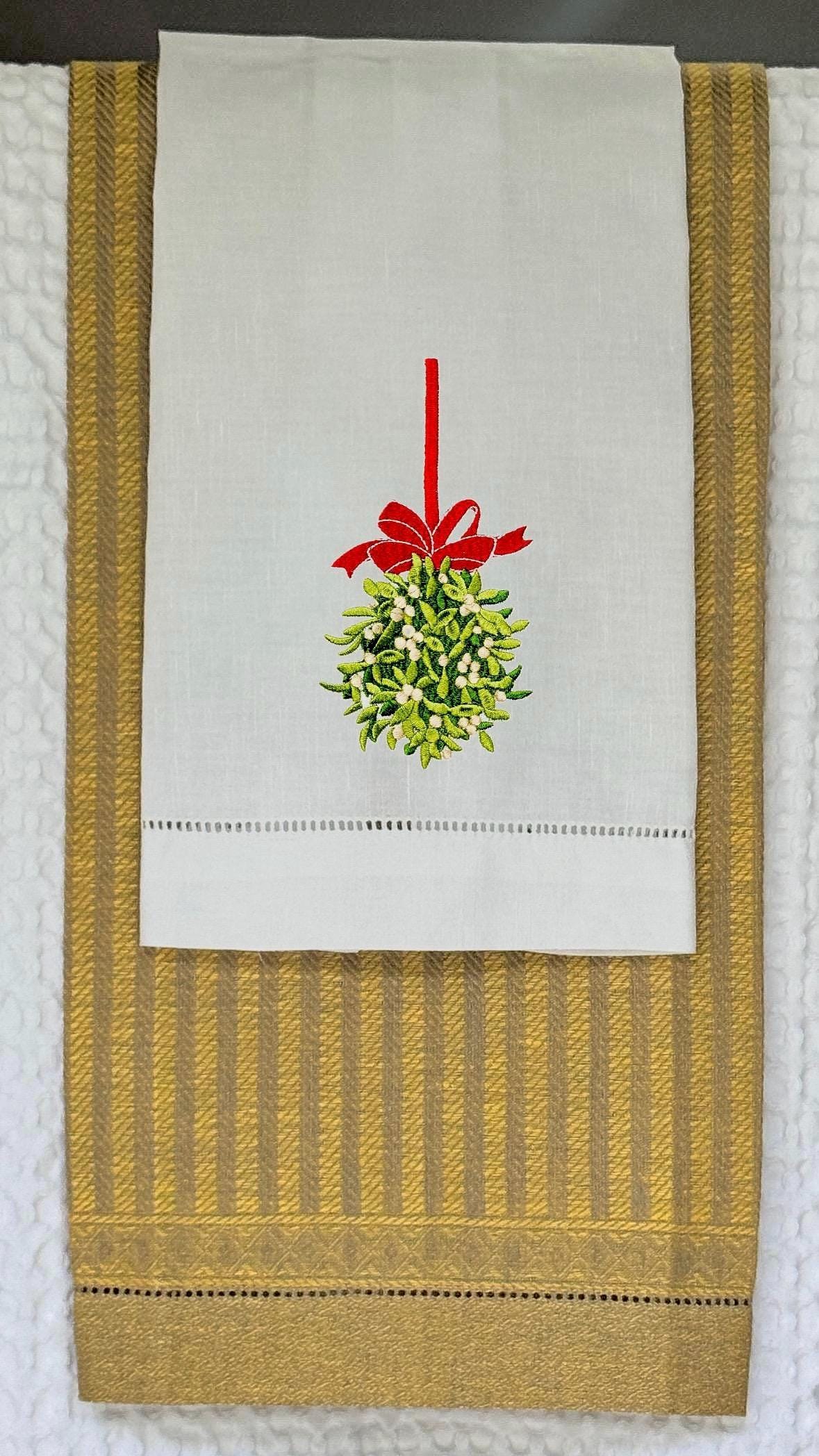 Christmas embroidered linen guest towel Personalized holiday mistletoe bathroom decor festive embroidery designs hand towels guest bathroom